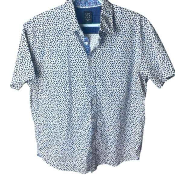 Construct Mens White Blue Floral Print Slim Fit Stretch Short Sleeve Shirt Large - Picture 1 of 6